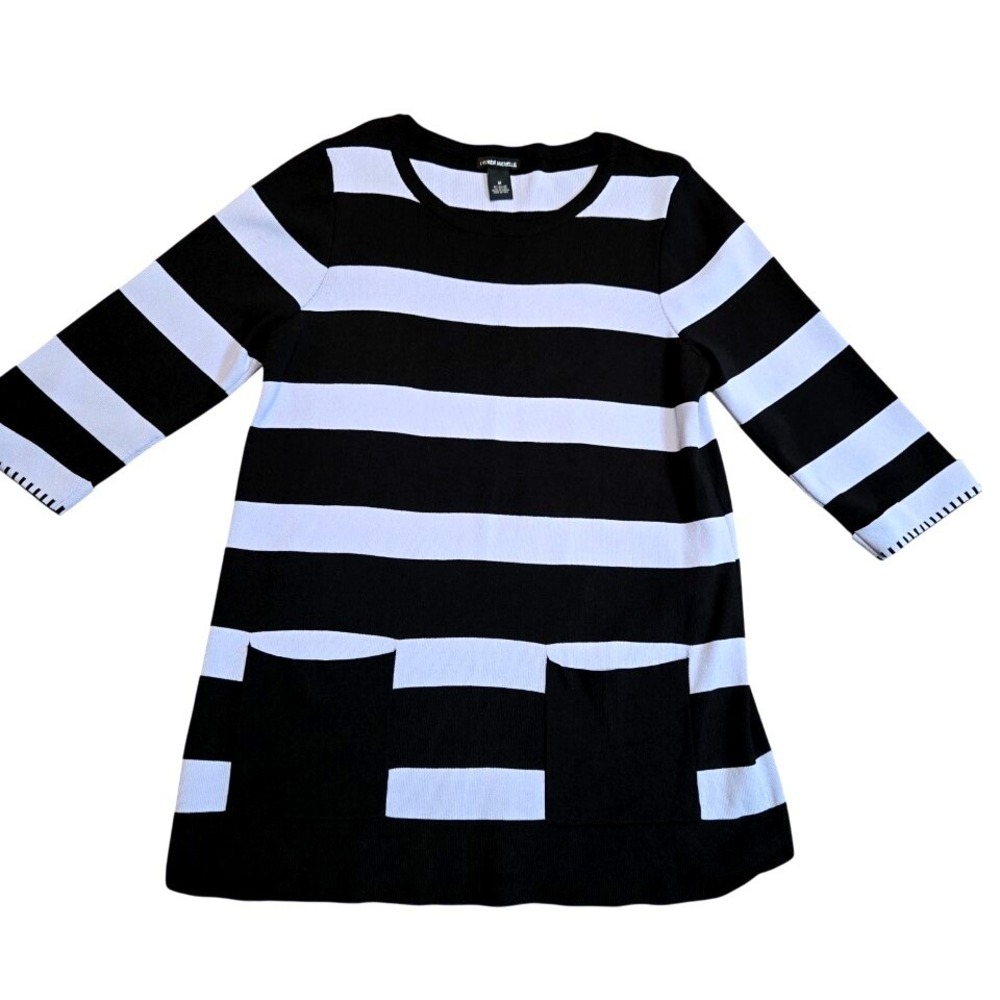 Lauren Michelle Black White Striped Sweater Dress‎ Pockets Size M